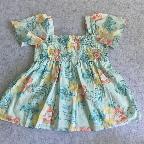Janie and Jack Green Floral Flutter Sleeve Top Girls 7 Smocked Hawaiian Summer - Picture 1 of 6